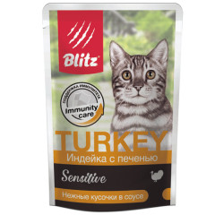 Blitz Sensitive Turkey & Liver in Gravy Adult Cat All Breeds корм консервированный для взрослых кошек индейка с печенью нежные кусочки в соусе