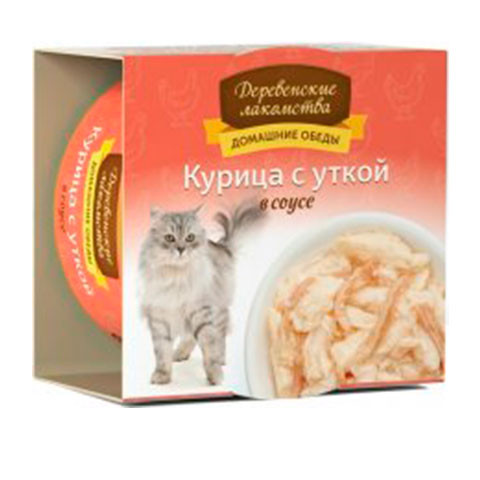Деревенские лакомства консервы для кошек курица с уткой в соус