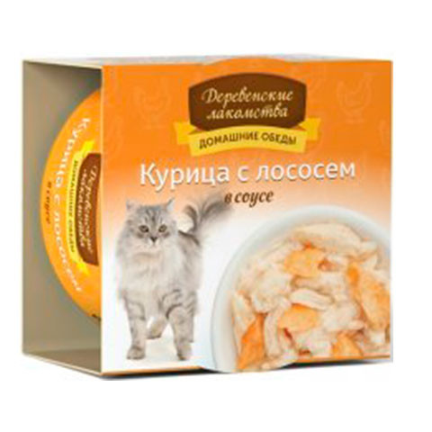 Деревенские лакомства консервы для кошек курица с лососем в соус