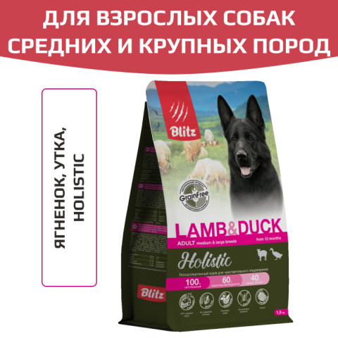 Blitz Holistic Lamb & Duck Adult Dog Medium & Large breeds (Grain Free) корм сухой беззерновой для взрослых собак средних и крупных пород, с ягненком и уткой