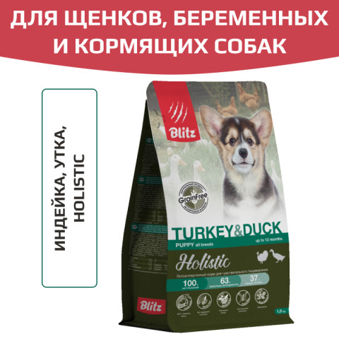 Blitz Holistic Turkey & Duck Puppy All Breeds (Grain Free) корм сухой беззерновой для щенков всех пород с индейкой и уткой