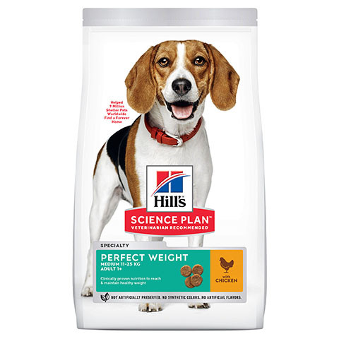 Hill's Science Plan Perfect Weight Medium корм сухой для собак средних пород, склонных к набору веса, курица