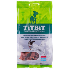 TiTBiT лакомство для мелких и миниматюрных пород собак Хрустящие подушечки с начинкой со вкусом говядины и сыра, для поощрения, для игр