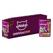 Whiskas корм консервированный для взрослых кошек желе аппетитный микс говядина, язык, овощи 75г