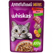 Whiskas корм консервированный для взрослых кошек желе аппетитный микс говядина, язык, овощи 75г