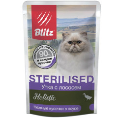 Blitz Holistic Sterilised Cat Duck & Salmon in Gravy корм консервированный для стерилизованных кошек утка с лососем нежные кусочки в соусе