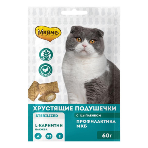 Мнямс лакомство Хрустящие подушечки для стерилизованных кошек с цыпленком и клюквой Профилактика МКБ