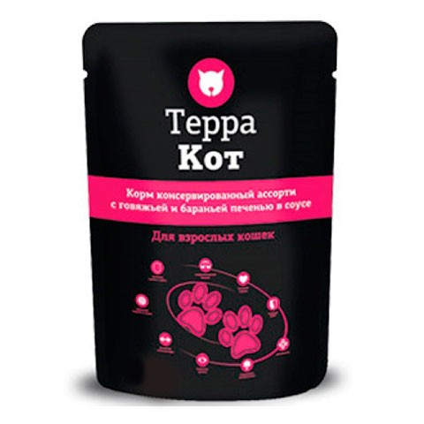 Терра Кот корм консервированный для взрослых кошек Говяжья печень/Баранья печень в соусе