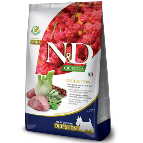 FARMINA N&D QUINOA DIGESTION LAMB MINI беззерновой корм для взрослых собак мелких пород при нарушениях пищеварения и экзокринной недостаточности поджелудочной железы ягненок, киноа