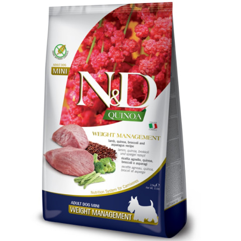 FARMINA N&D QUINOA WEIGHT MANAGEMENT LAMB MINI беззерновой диетический сухой корм для взрослых собак мелких пород для снижения массы тела ягненок, киноа, брокколи и спаржа
