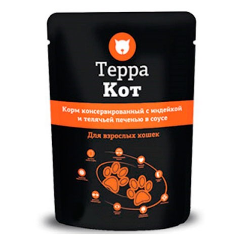 Терра Кот корм консервированный для взрослых кошек Индейка/Телячья печень в соусе