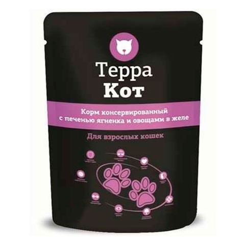 Терра Кот корм консервированный для взрослых кошек Печень Ягненка/Овощи в желе