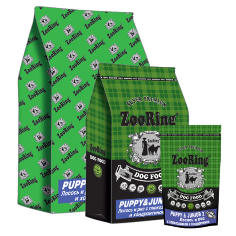 ZooRing Puppy&Junior 2 корм сухой для щенков и юниоров средних и крупных пород с 4 до 12-18 месяцев, в зависимости от породы, с глюкозамином и хондроитином, лосось