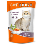 Cat Lunch корм консервированный для кошек кусочки в желе с Говядиной и Языком