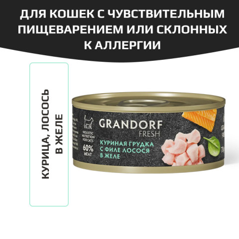 Grandorf FRESH Chicken with salmon in jelly для кошек всех возрастов с нормальной активностью, чувствительным пищеварением или склонных к аллергии, филе куриной грудки с филе лосося в желе
