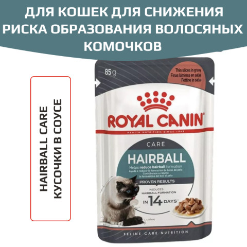 Royal Canin Hairball Care корм влажный для взрослых кошек, рекомендуется для снижения риска образования волосяных комочков, мелкие кусочки в соусе