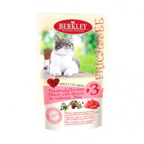 Berkly-Cat фрикассе консервы для кошек птица с куриными сердечками кусочки в желе пауч