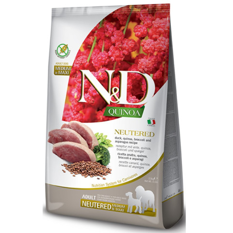Farmina N&D NEUTERED ADULT MEDIUM & MAXI корм беззерновой для взрослых стерилизованных кастрированных собак утка, киноа, брокколи и спаржа