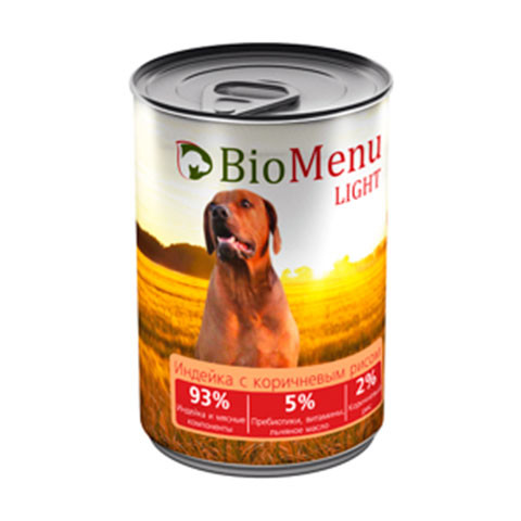 BioMenu Light консервы для собак индейка с коричневым рисом 93%-мясо