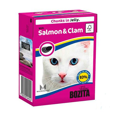 BOZITA консервы для кошек кусочки в желе с лососем и мидиями