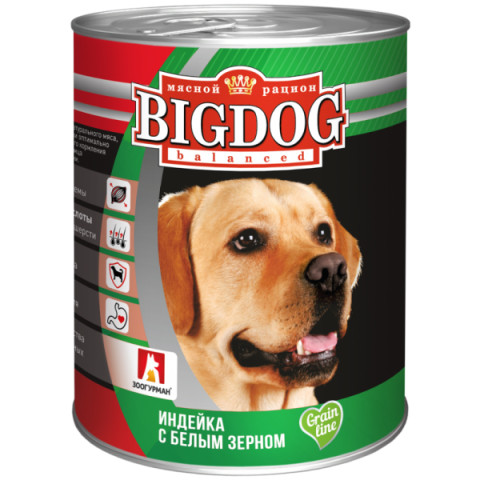 ЗООГУРМАН BIG DOG консервы для собак индейка с белым зерном, 850гр