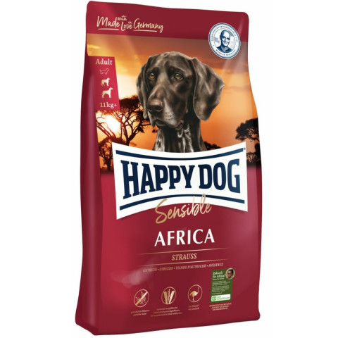 Happy Dog Supreme Sensible Africa корм сухой беззерновой для собак средних и крупных пород при пищевой аллергии со страусом и картофелем