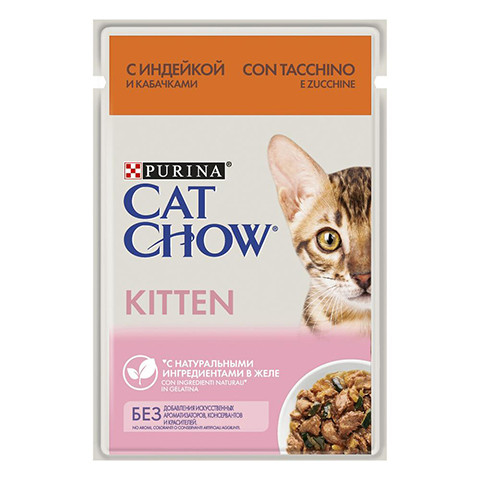 Cat Chow консервы для кошек кусочки в желе курица, кабачок