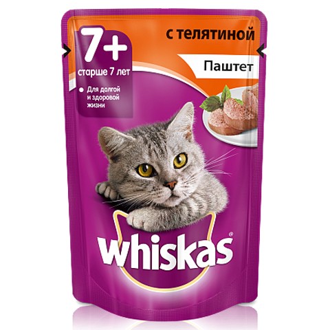 Whiskas консервы для кошек старше 7 лет мясной паштет из телятины