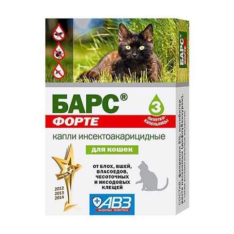 АВЗ Барс форте капли для кошек инсектоакарицидные на фипрониле 3 пипетки
