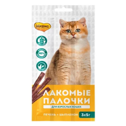 Мнямс лакомство лакомые палочки для кошек с цыпленком и печенью