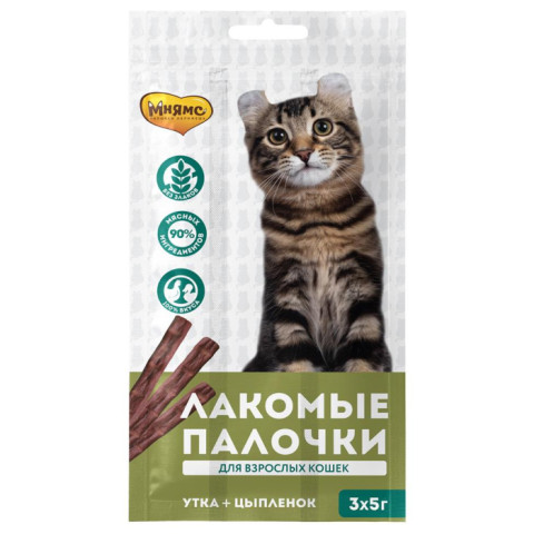 Мнямс лакомство лакомые палочки для кошек с цыпленком и уткой