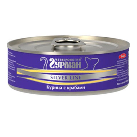 Четвероногий ГУРМАН серебряная линия консервы для кошек курица с крабами в желе