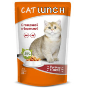 Cat Lunch корм консервированный для кошек кусочки в желе с Говядиной и Бараниной