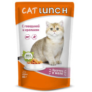 Cat Lunch корм консервированный для кошек кусочки в желе с Говядиной и Кроликом