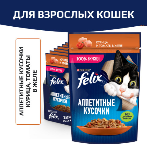 Влажный корм Felix Аппетитные кусочки для взрослых кошек, с курицей и томатами в желе