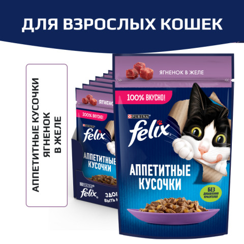 Влажный корм Felix Аппетитные кусочки для взрослых кошек, с ягненком в желе
