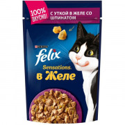 Консервы Felix Sensations пауч для кошек кусочки в желе утка и шпинат