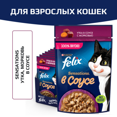 Влажный корм Felix Sensations для взрослых кошек, с уткой в соусе с морковью