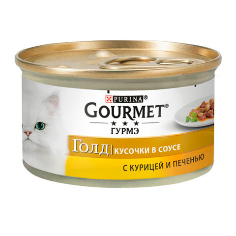 Консервы Gourmet Gold кусочки в соусе для кошек с курицей и печенью