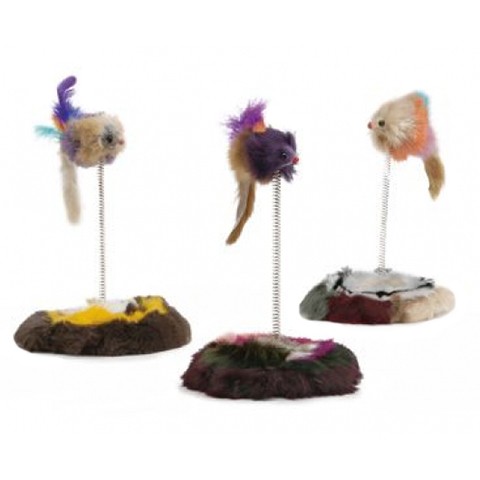Beeztees Игрушка для кошек Мышь меховая на пружине с мягкой подставкой, 14.5x28см
