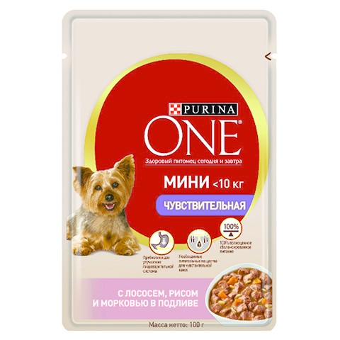 Purina One Мини, консервы чувствит пищеварение, лосось, рис, морковь