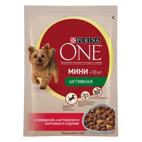 Purina One Мини, консервы для активных собак, говядина, картофель, морковь