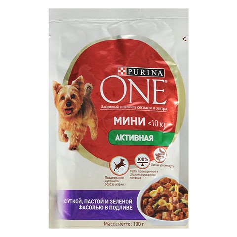Purina One Мини, консервы для активных собак, утка, паста, фасоль