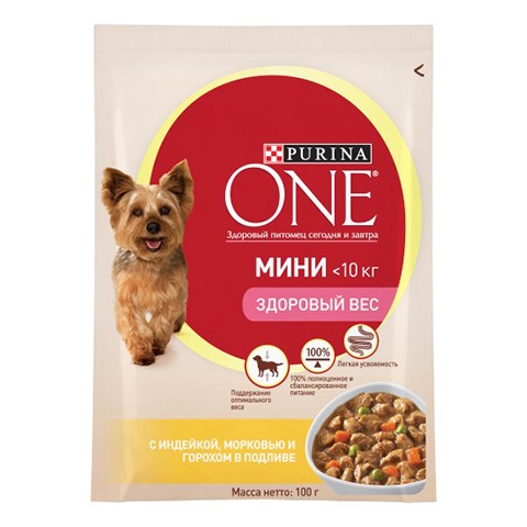 Purina One Мини, консервы Здоровый вес, индейка, морковь, горох