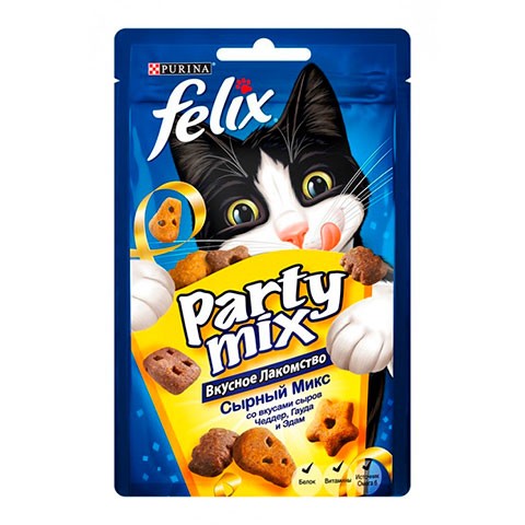 Felix Party Mix Сырный: чеддер гауда эдам лакомство для кошек