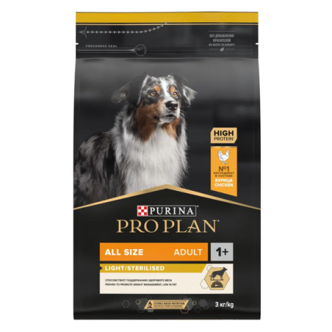 Pro Plan OptiWeight Light, Sterilised с курицей Корм сухой для склонных к избыточному весу, стерилизованных взрослых собак всех пород