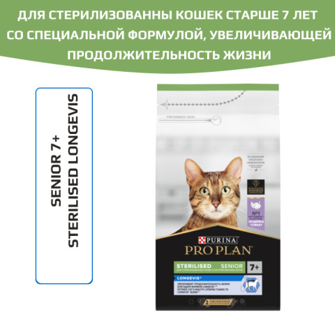 Сухой корм PRO PLAN Sterilised LONGEVIS для стерилизованных кошек старше 7 лет, с высоким содержанием индейк
