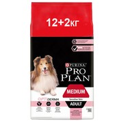 Сухой корм Pro Plan Medium Sensitive Skin для средних собак с чувствительной кожей, лосось, 12 кг + 2 кг