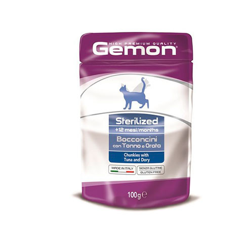 Gemon Cat Pouch Sterilised паучи для стерилизованных кошек кусочки тунца с рыбой дори