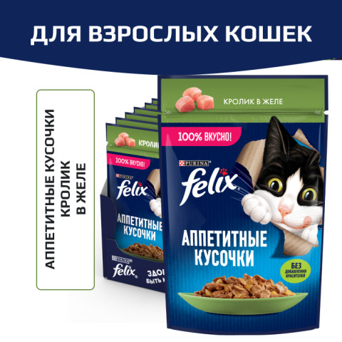 Влажный корм Felix Аппетитные кусочки для взрослых кошек, с кроликом в желе